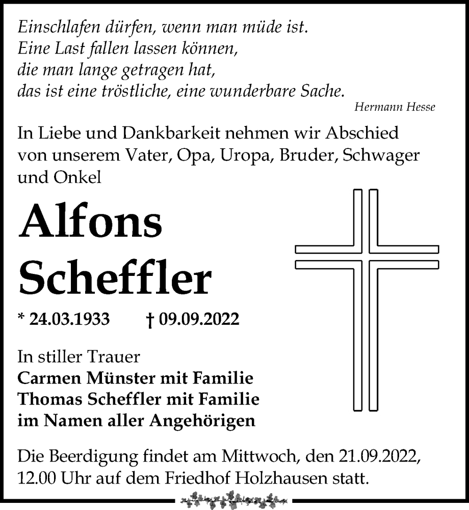 Traueranzeigen Von Alfons Scheffler Trauer Anzeigen De