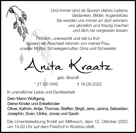 Traueranzeigen Von Anita Kraatz Trauer Anzeigen De