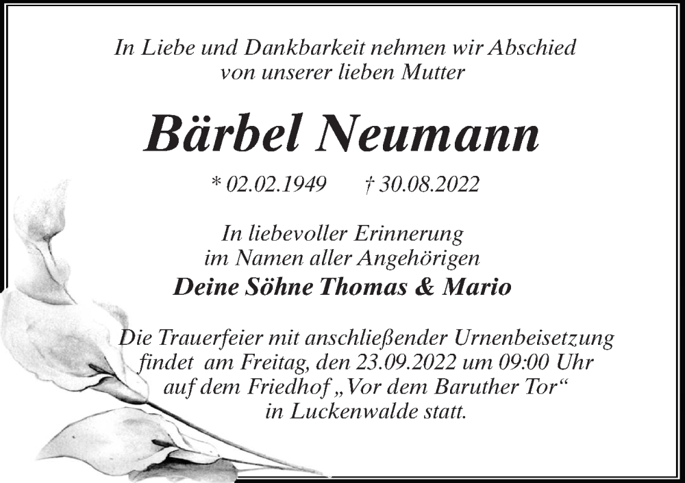 Traueranzeigen von Bärbel Neumann trauer anzeigen de