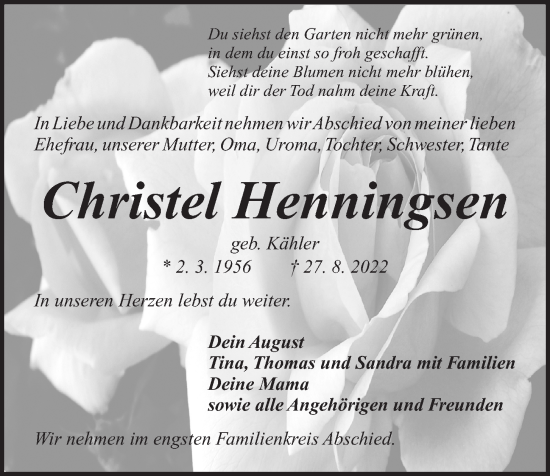 Traueranzeigen Von Christel Henningsen Trauer Anzeigen De