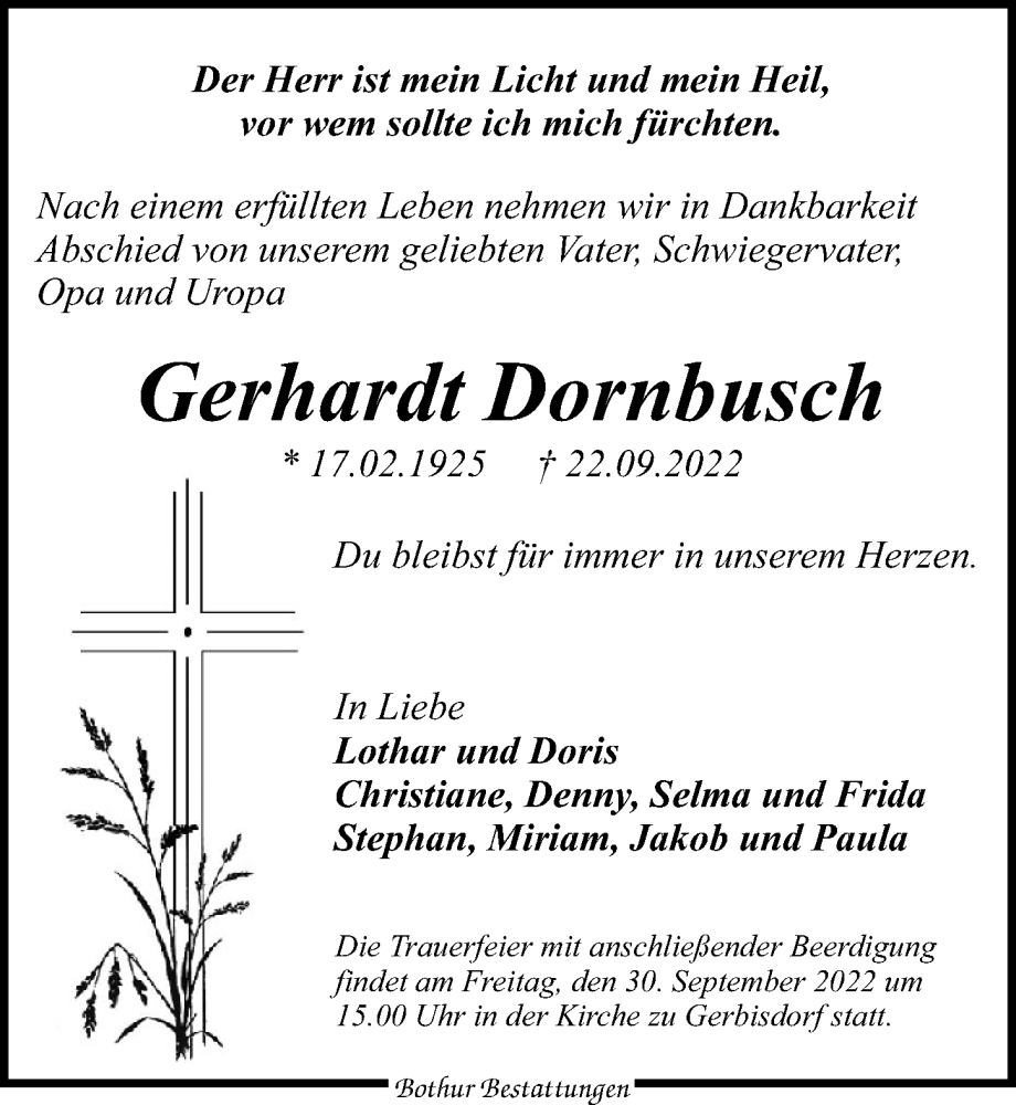 Traueranzeigen Von Gerhardt Dornbusch Trauer Anzeigen De