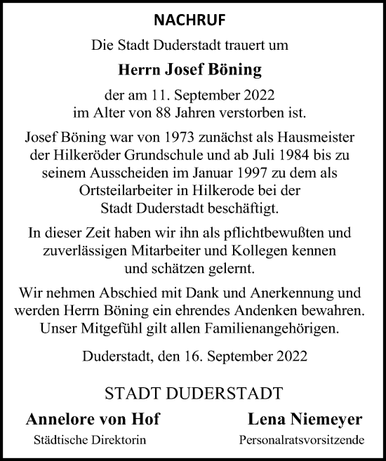 Traueranzeigen von Josef Böning trauer anzeigen de