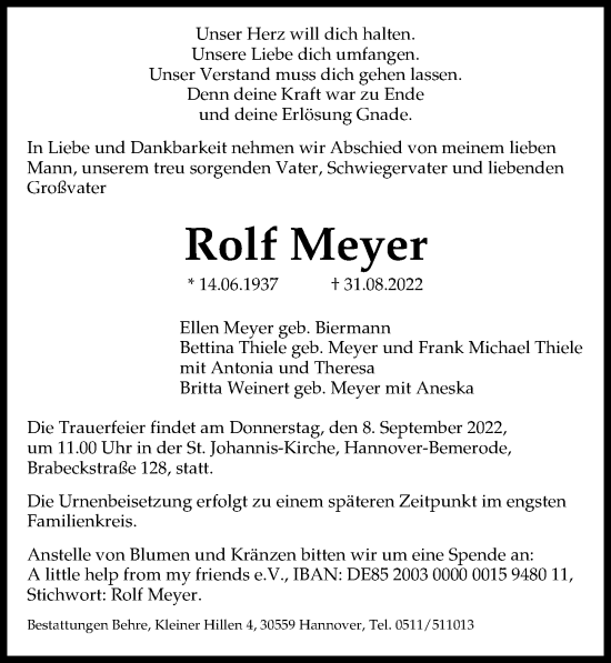 Traueranzeigen Von Rolf Meyer Trauer Anzeigen De