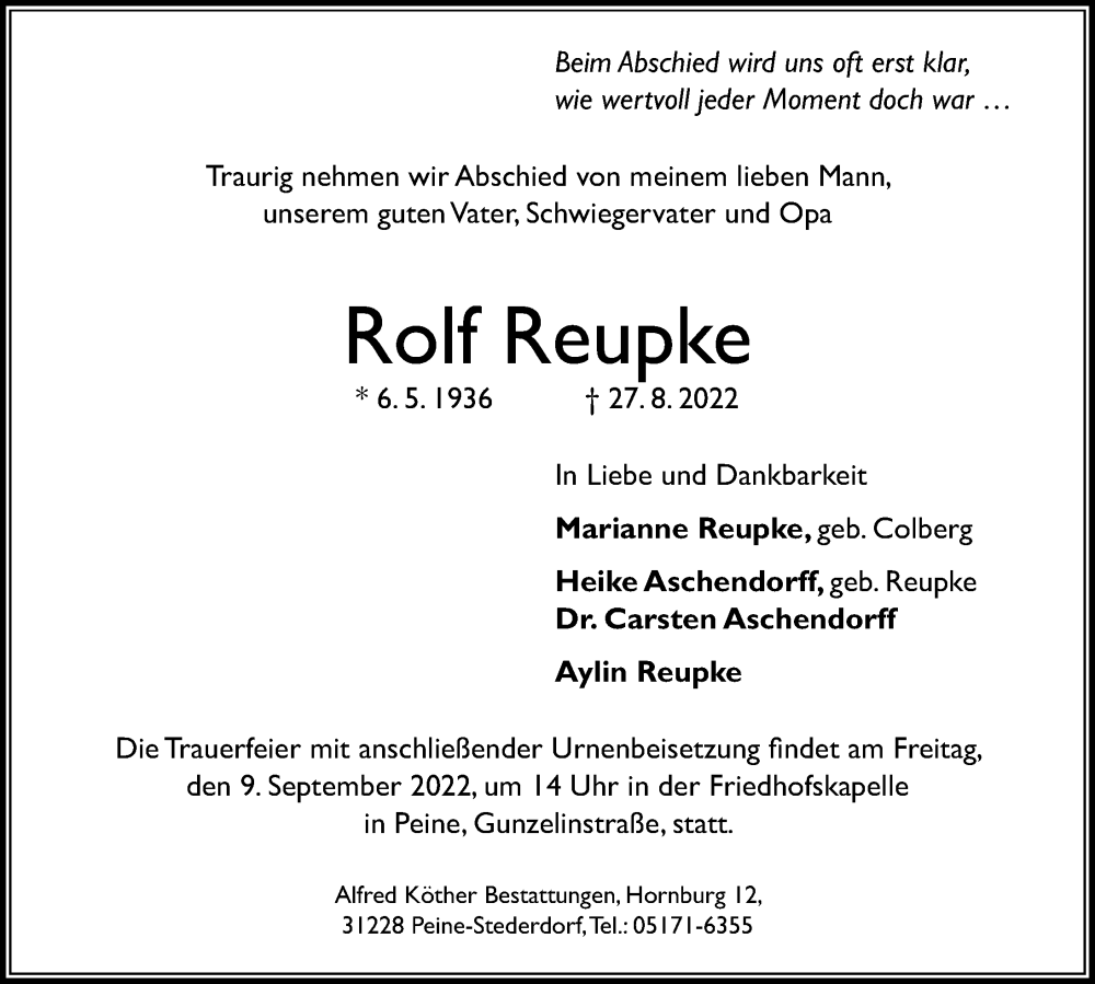 Traueranzeigen Von Rolf Reupke Trauer Anzeigen De