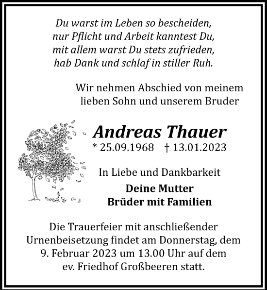 Traueranzeigen Von Andreas Thauer Trauer Anzeigen De