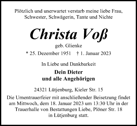 Traueranzeigen von Christa Voß trauer anzeigen de