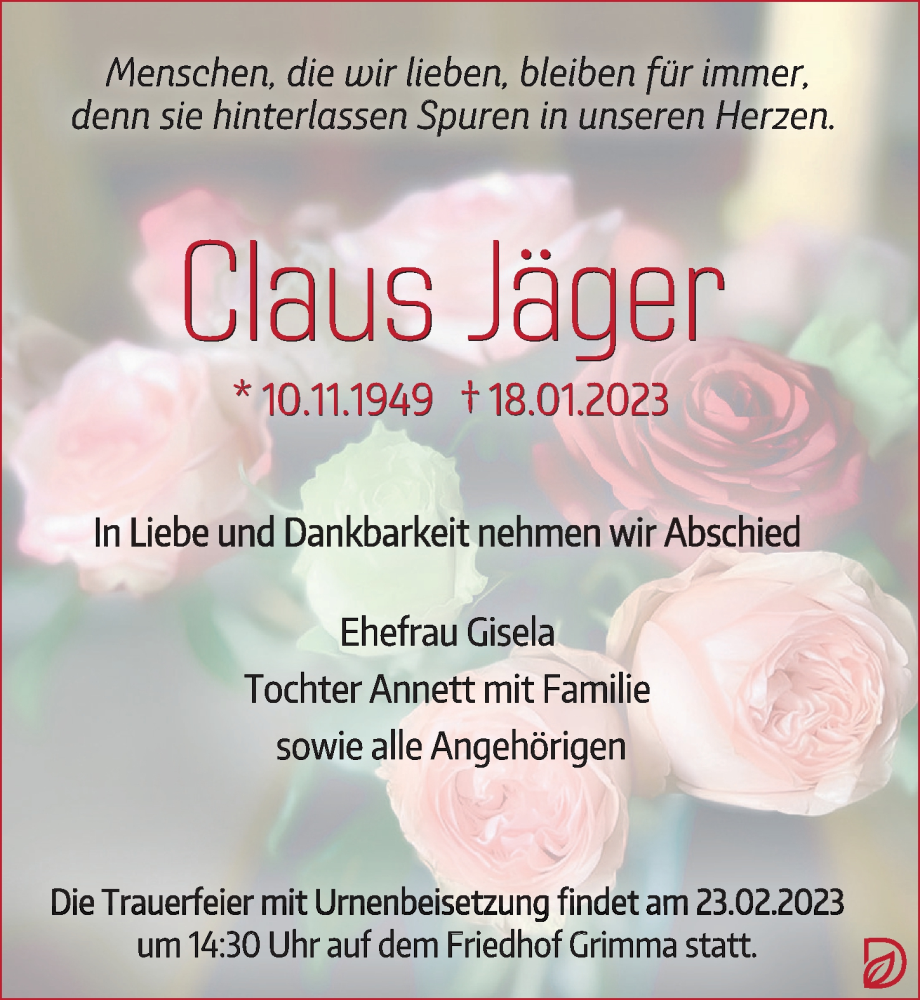 Traueranzeigen von Claus Jäger trauer anzeigen de