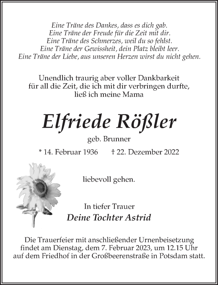 Traueranzeigen von Elfriede Rößler trauer anzeigen de