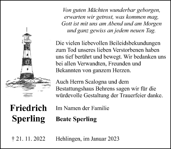 Traueranzeigen Von Friedrich Sperling Trauer Anzeigen De