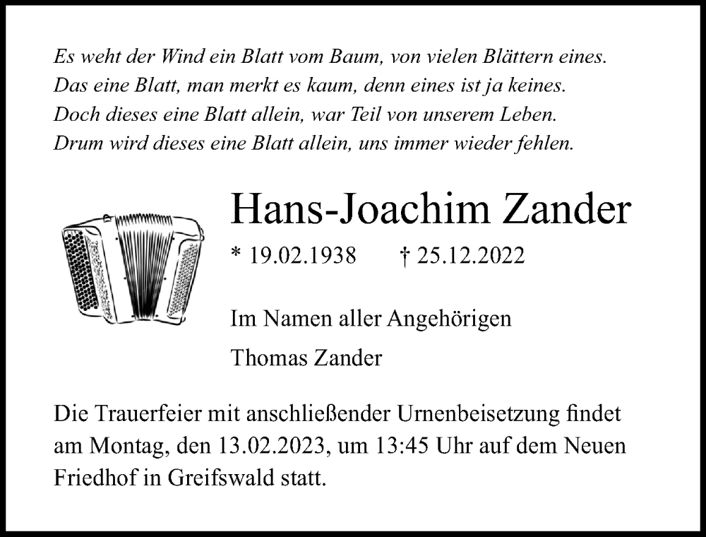 Traueranzeigen Von Hans Joachim Zander Trauer Anzeigen De