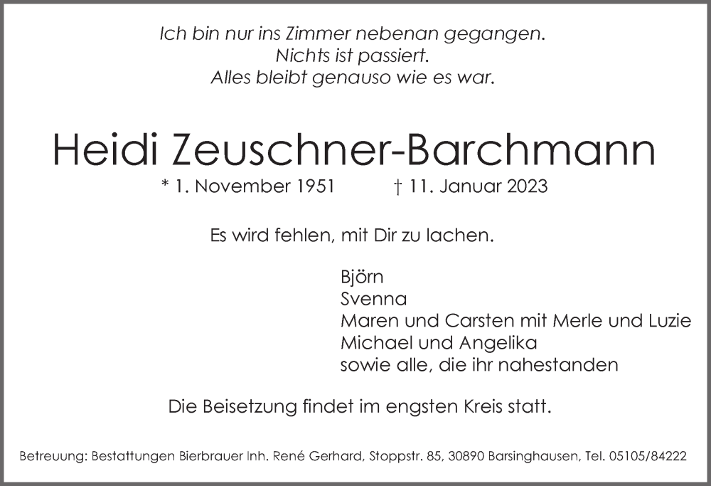 Traueranzeigen Von Heidi Zeuschner Barchmann Trauer Anzeigen De