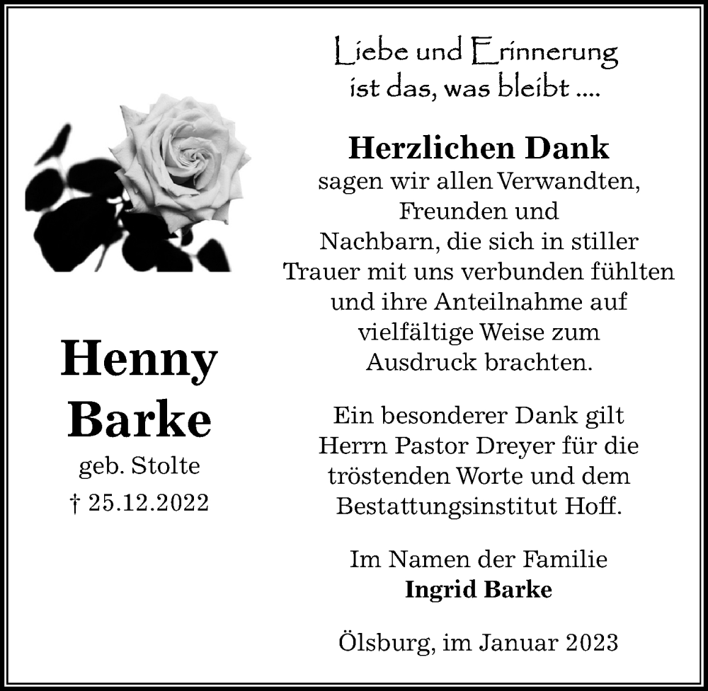 Traueranzeigen Von Henny Barke Trauer Anzeigen De