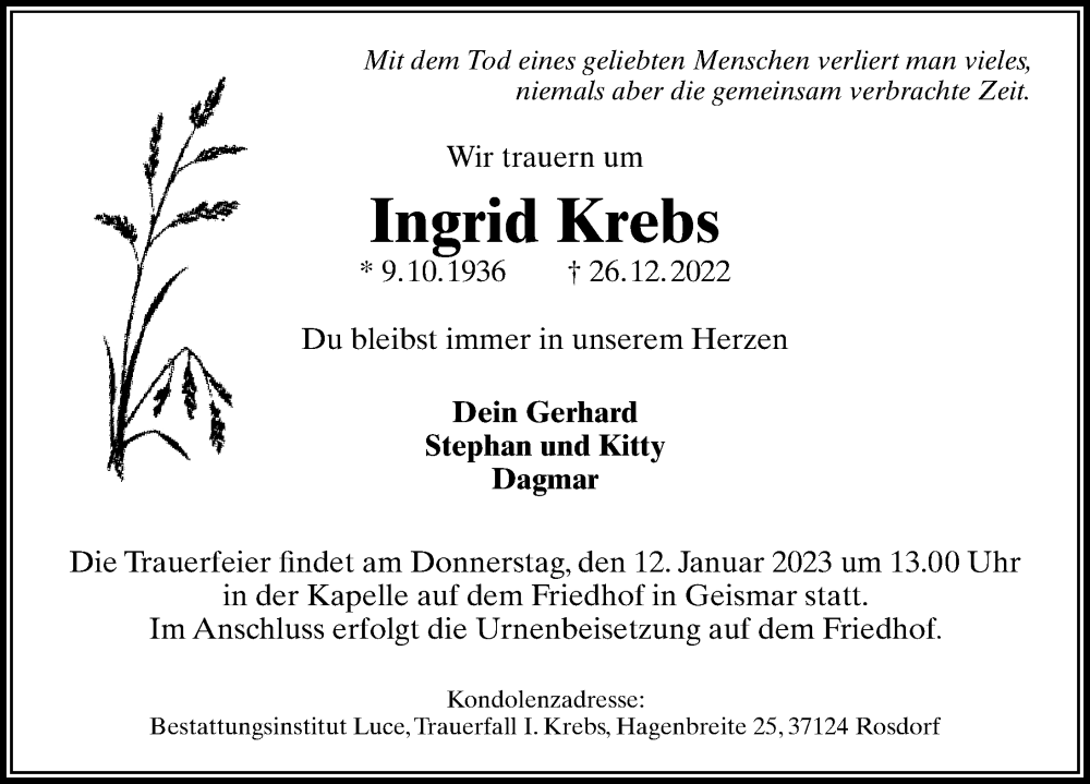 Traueranzeigen Von Ingrid Krebs Trauer Anzeigen De