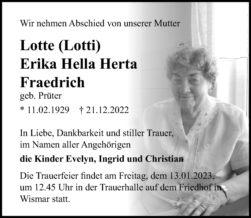 Traueranzeigen Von Lotte Fraedrich Trauer Anzeigen De