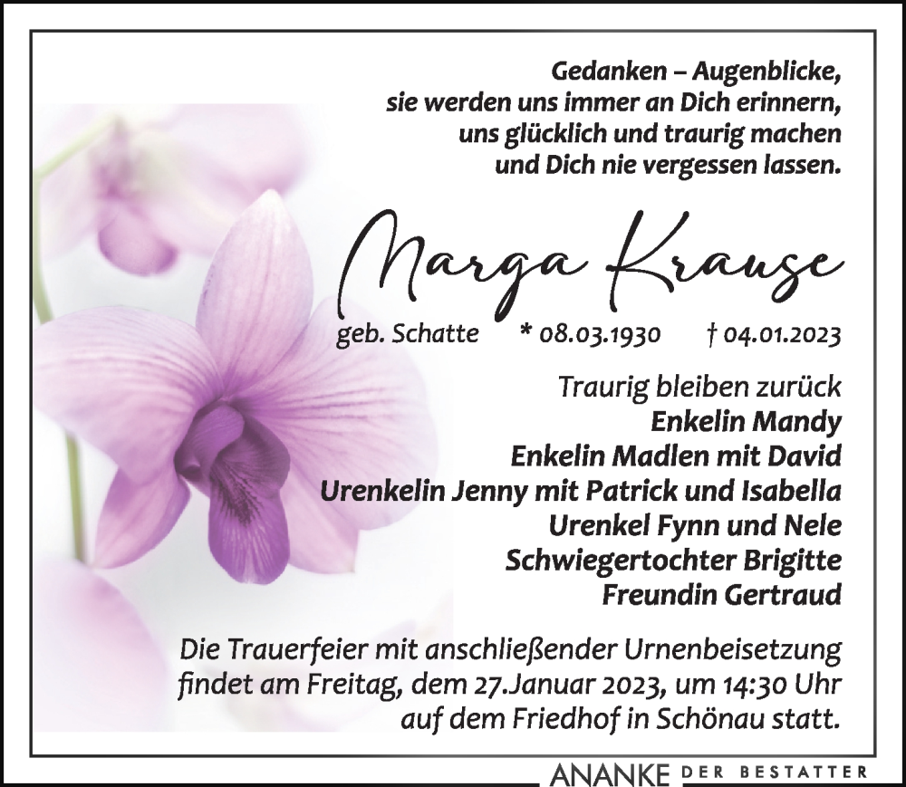 Traueranzeigen Von Marga Krause Trauer Anzeigen De