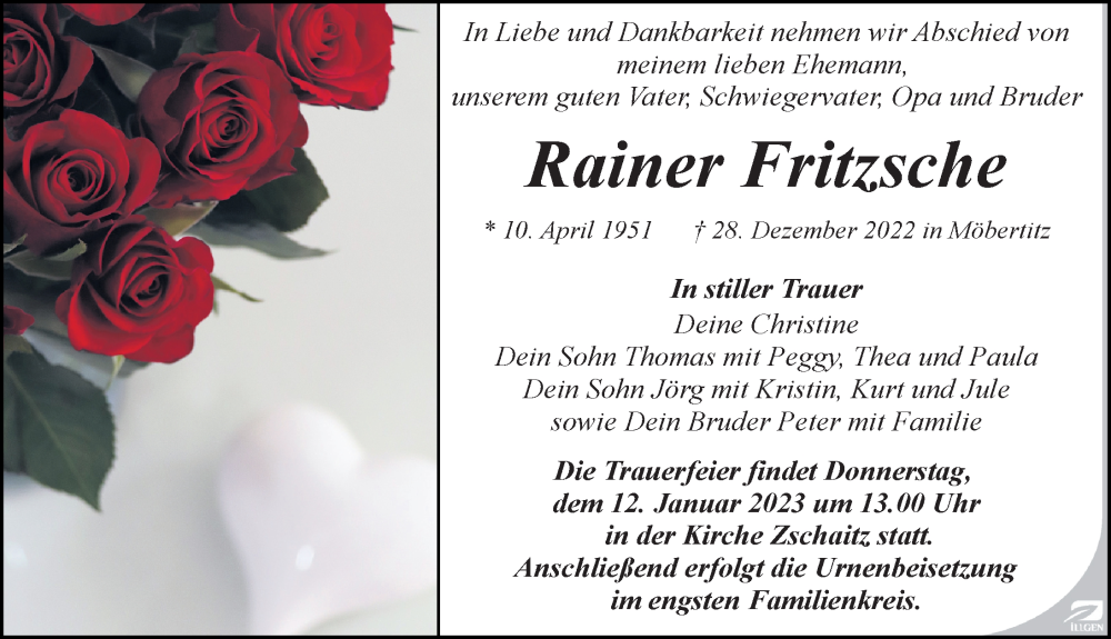 Traueranzeigen Von Rainer Fritzsche Trauer Anzeigen De