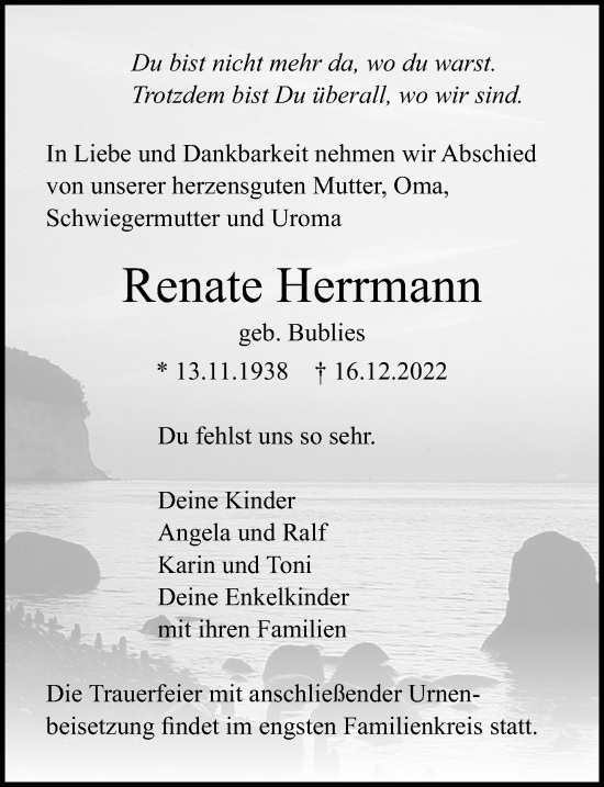 Traueranzeigen Von Renate Herrmann Trauer Anzeigen De