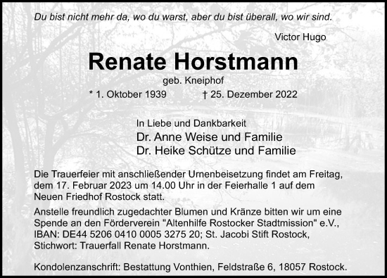 Traueranzeigen Von Renate Horstmann Trauer Anzeigen De