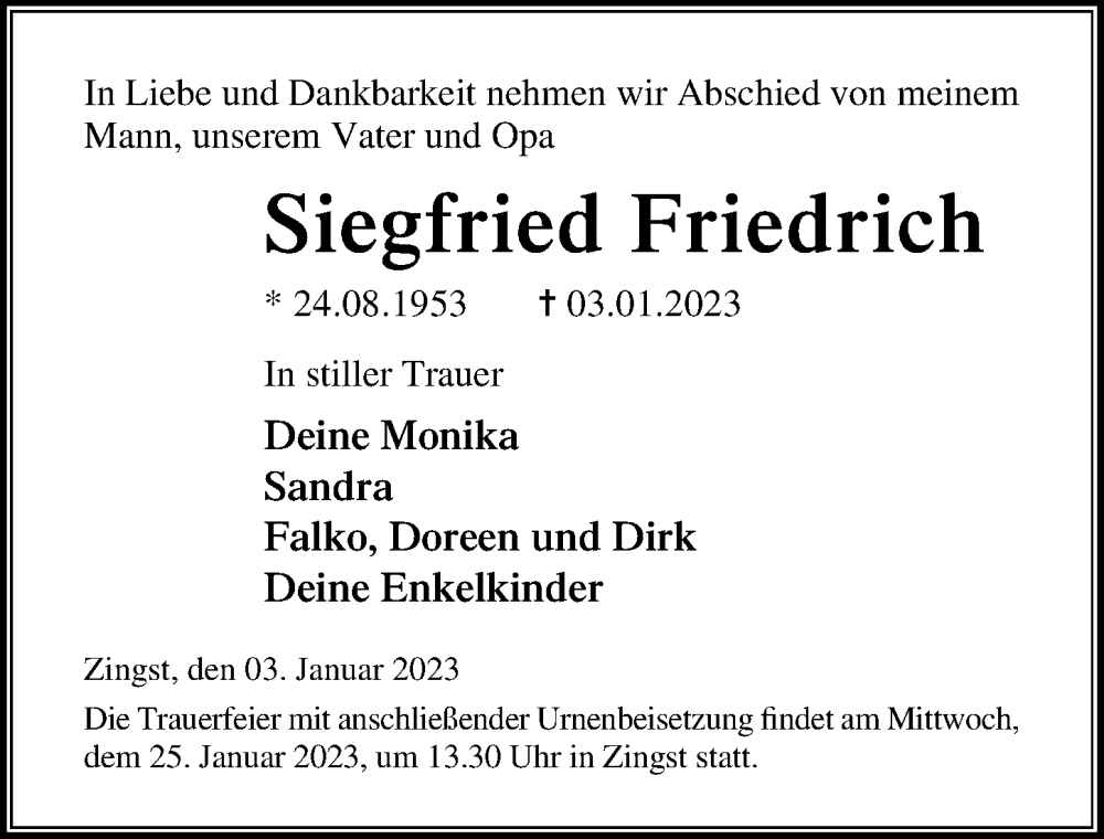 Traueranzeigen Von Siegfried Friedrich Trauer Anzeigen De