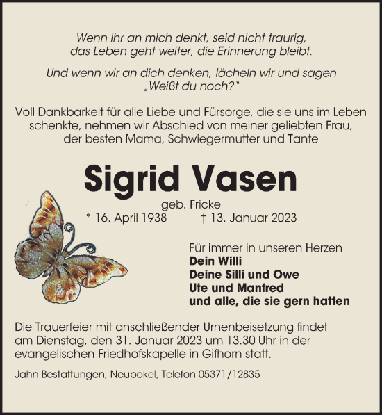 Traueranzeigen Von Sigrid Vasen Trauer Anzeigen De