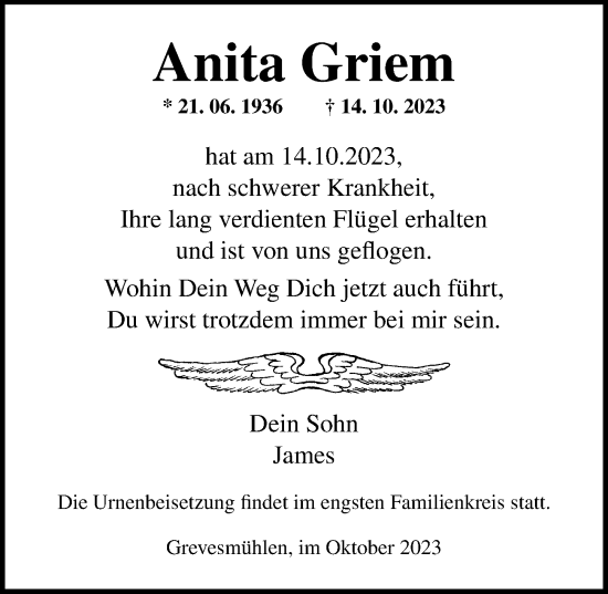 Traueranzeigen Von Anita Griem Trauer Anzeigen De