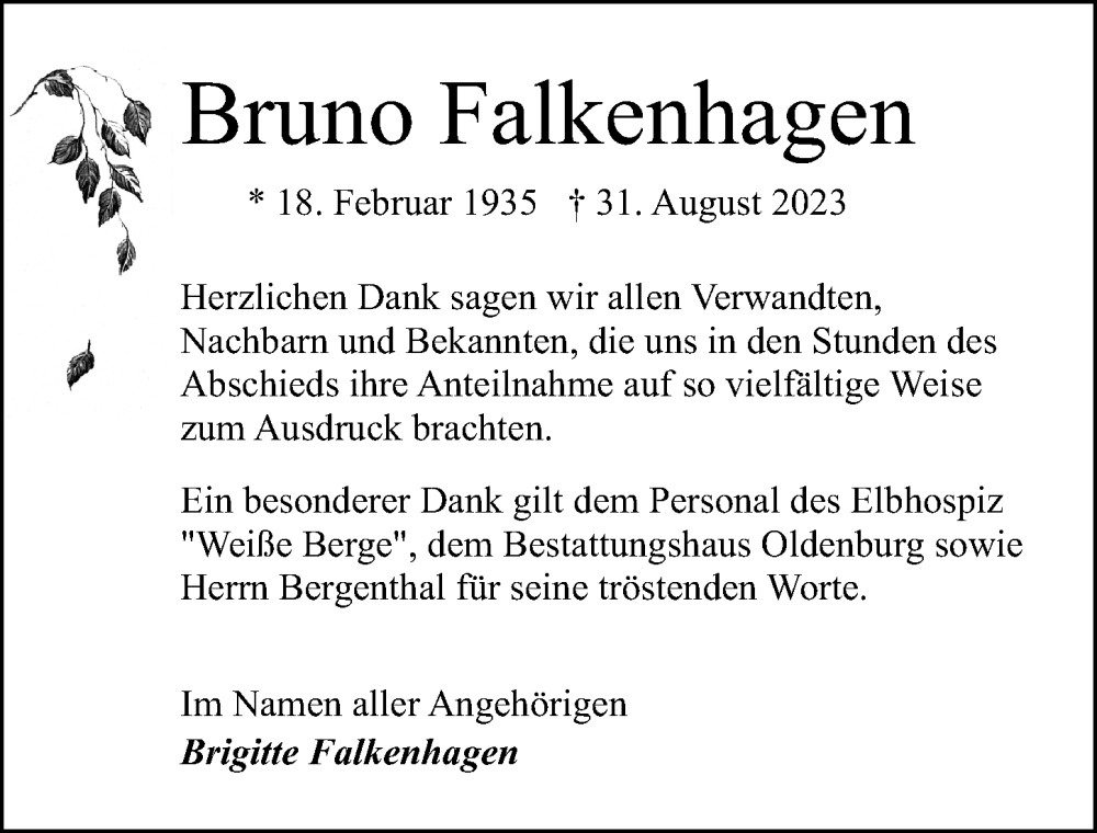 Traueranzeigen Von Bruno Falkenhagen Trauer Anzeigen De