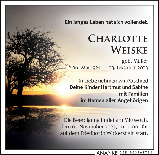 Traueranzeigen Von Charlotte Weiske Trauer Anzeigen De