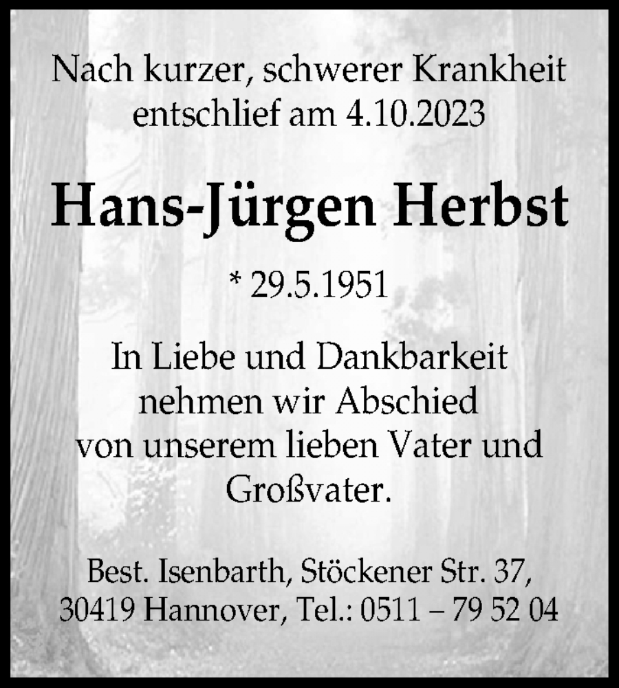 Traueranzeigen von Hans Jürgen Herbst trauer anzeigen de