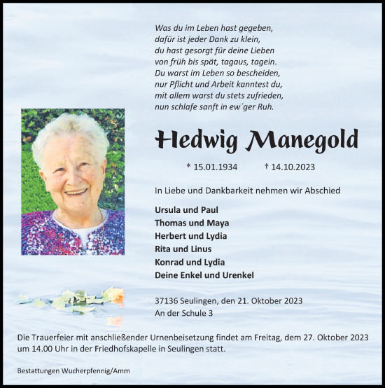 Traueranzeigen Von Hedwig Manegold Trauer Anzeigen De