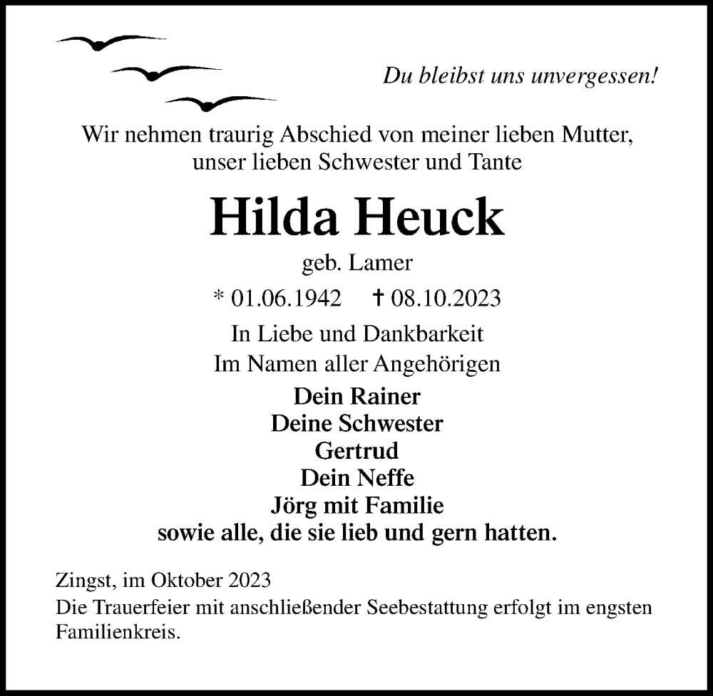 Traueranzeigen Von Hilda Heuck Trauer Anzeigen De