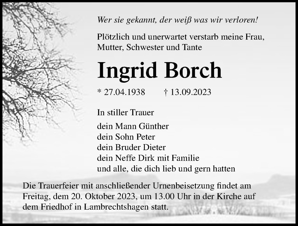 Traueranzeigen Von Ingrid Borch Trauer Anzeigen De