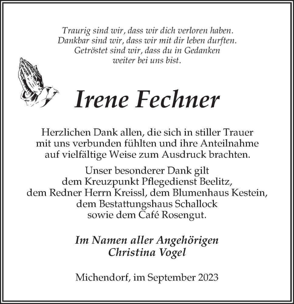 Traueranzeigen Von Irene Fechner Trauer Anzeigen De