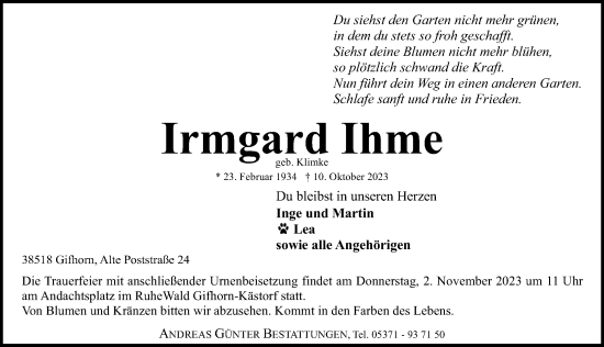 Traueranzeigen Von Irmgard Ihme Trauer Anzeigen De