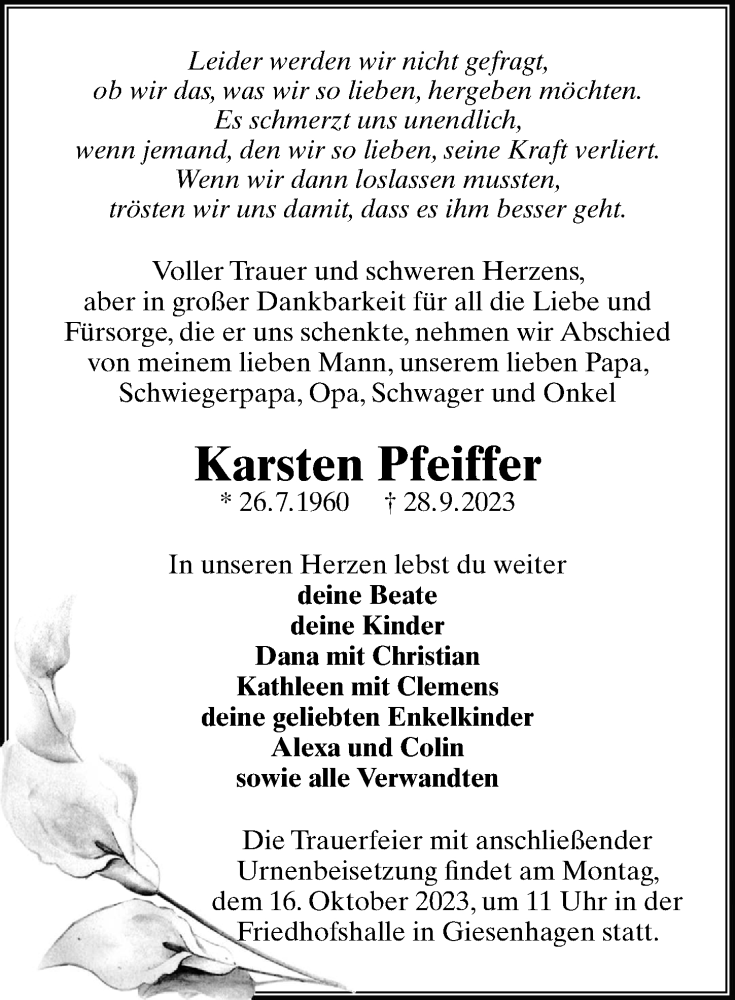 Traueranzeigen Von Karsten Pfeiffer Trauer Anzeigen De