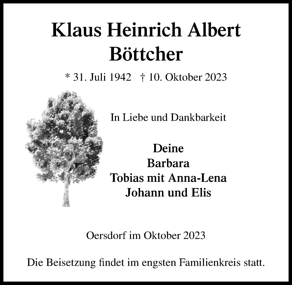 Traueranzeigen von Klaus Heinrich Albert Böttcher trauer anzeigen de