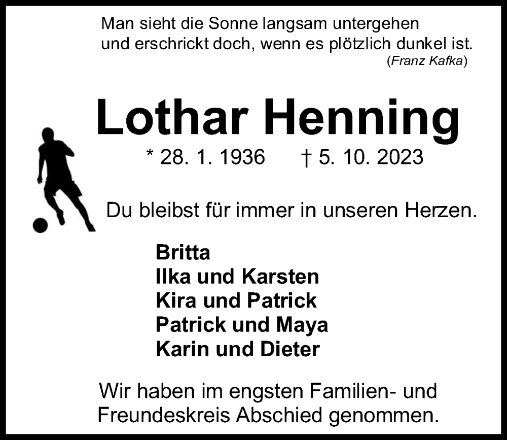 Traueranzeigen Von Lothar Henning Trauer Anzeigen De