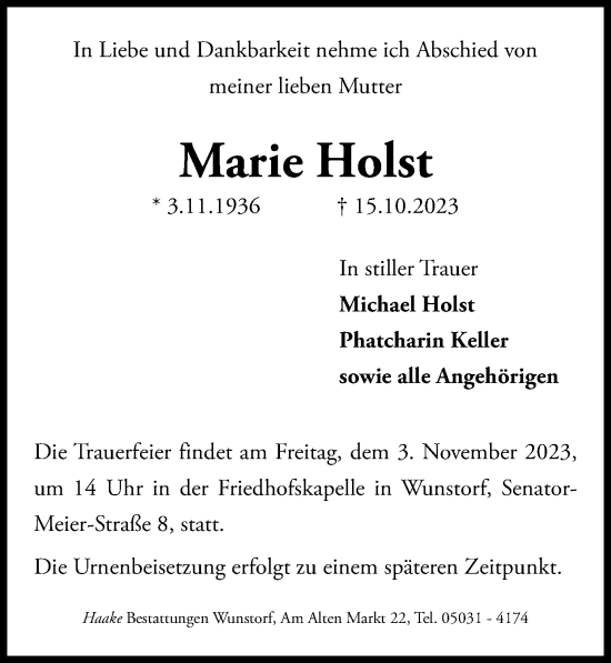 Traueranzeigen Von Marie Holst Trauer Anzeigen De