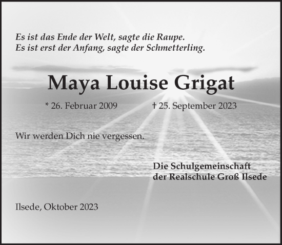 Traueranzeigen Von Maya Louise Grigat Trauer Anzeigen De