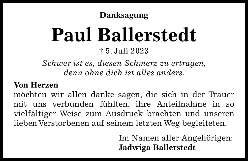 Traueranzeigen Von Paul Ballerstedt Trauer Anzeigen De