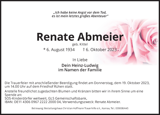 Traueranzeigen Von Renate Abmeier Trauer Anzeigen De