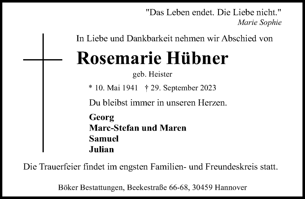 Traueranzeigen Von Rosemarie H Bner Trauer Anzeigen De