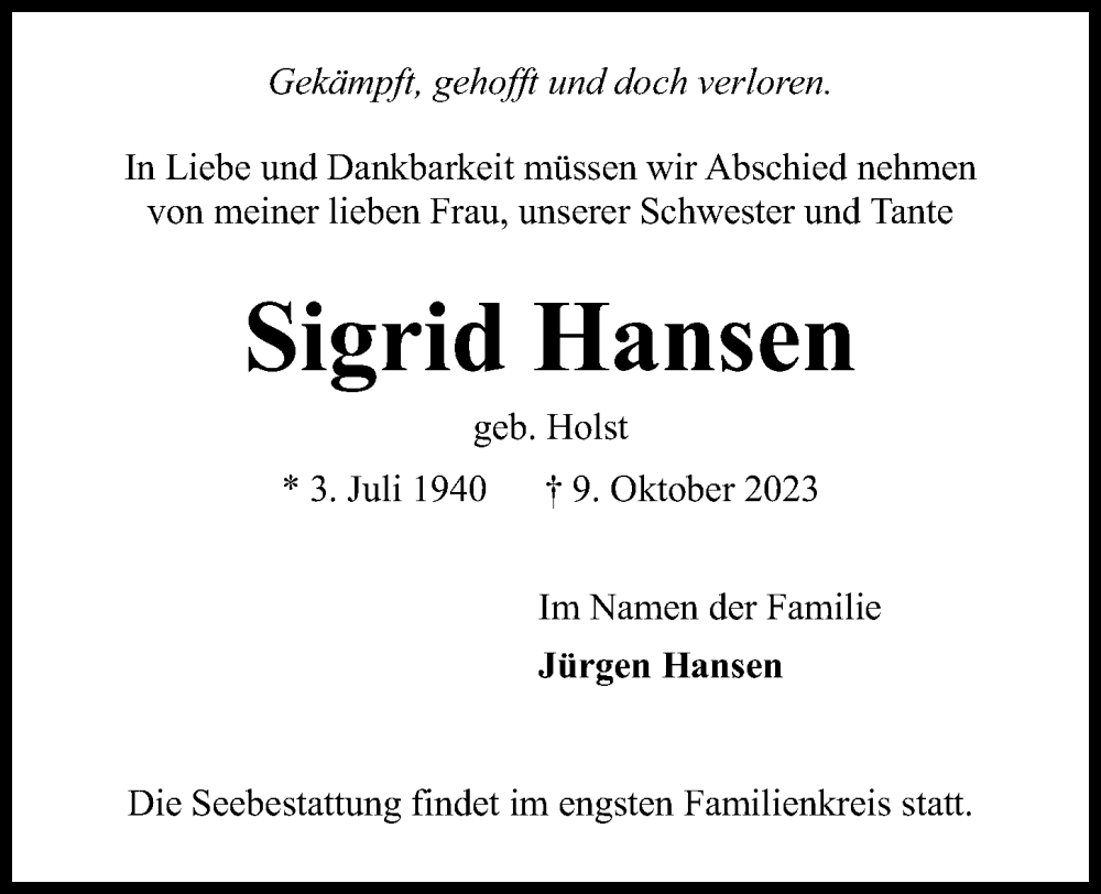 Traueranzeigen Von Sigrid Hansen Trauer Anzeigen De