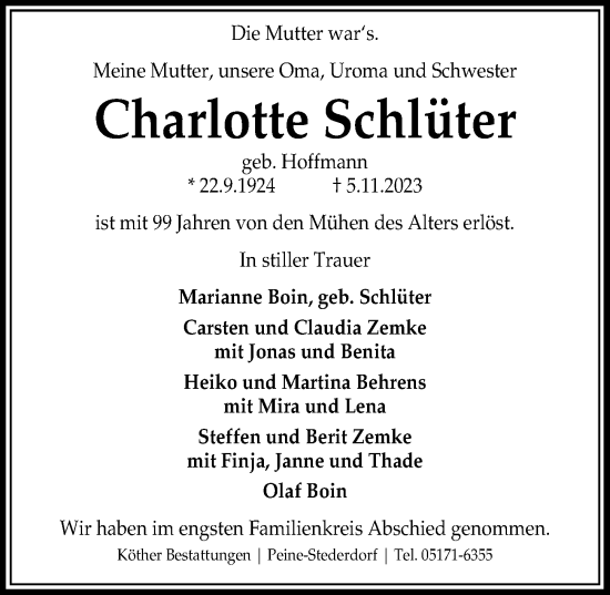 Traueranzeigen Von Charlotte Schl Ter Trauer Anzeigen De