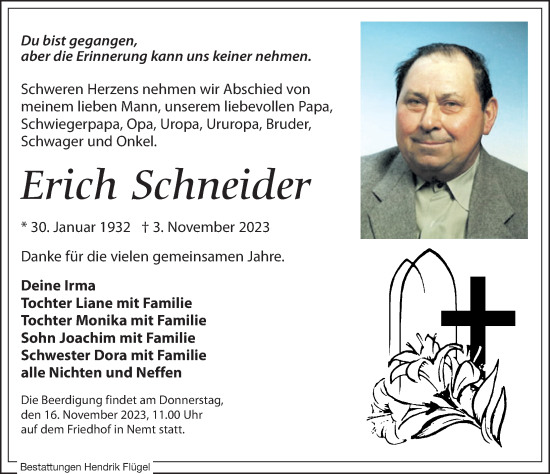 Traueranzeigen Von Erich Schneider Trauer Anzeigen De