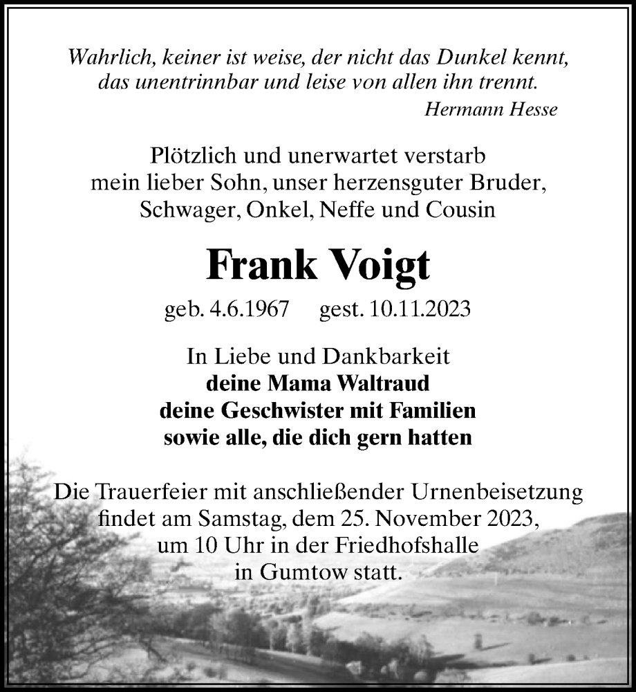 Traueranzeigen Von Frank Voigt Trauer Anzeigen De