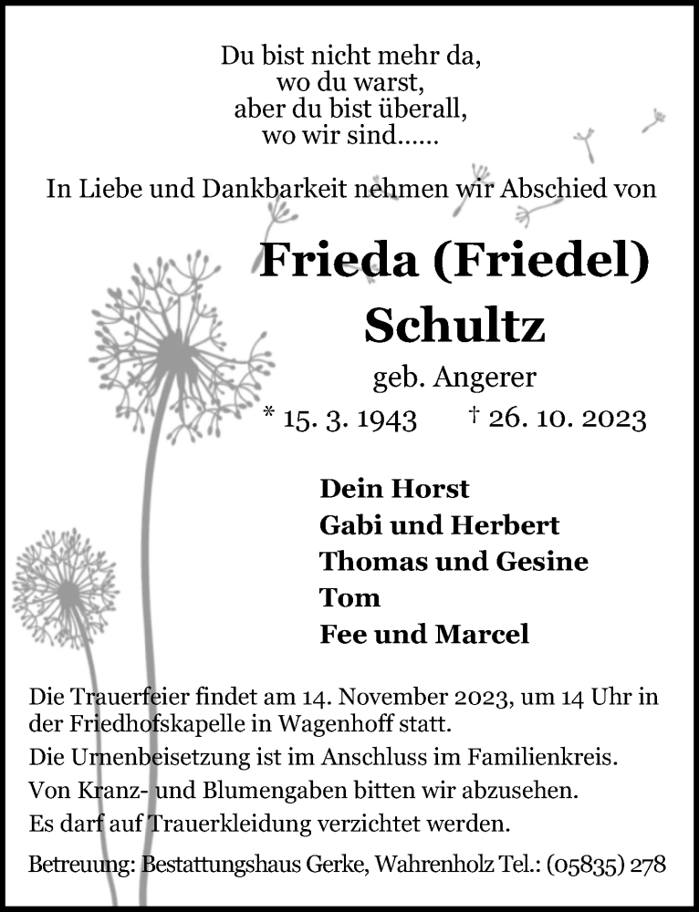 Traueranzeigen Von Frieda Schultz Trauer Anzeigen De