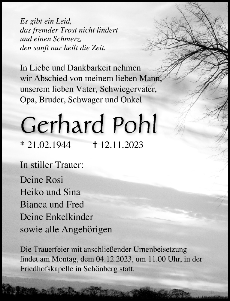 Traueranzeigen Von Gerhard Pohl Trauer Anzeigen De