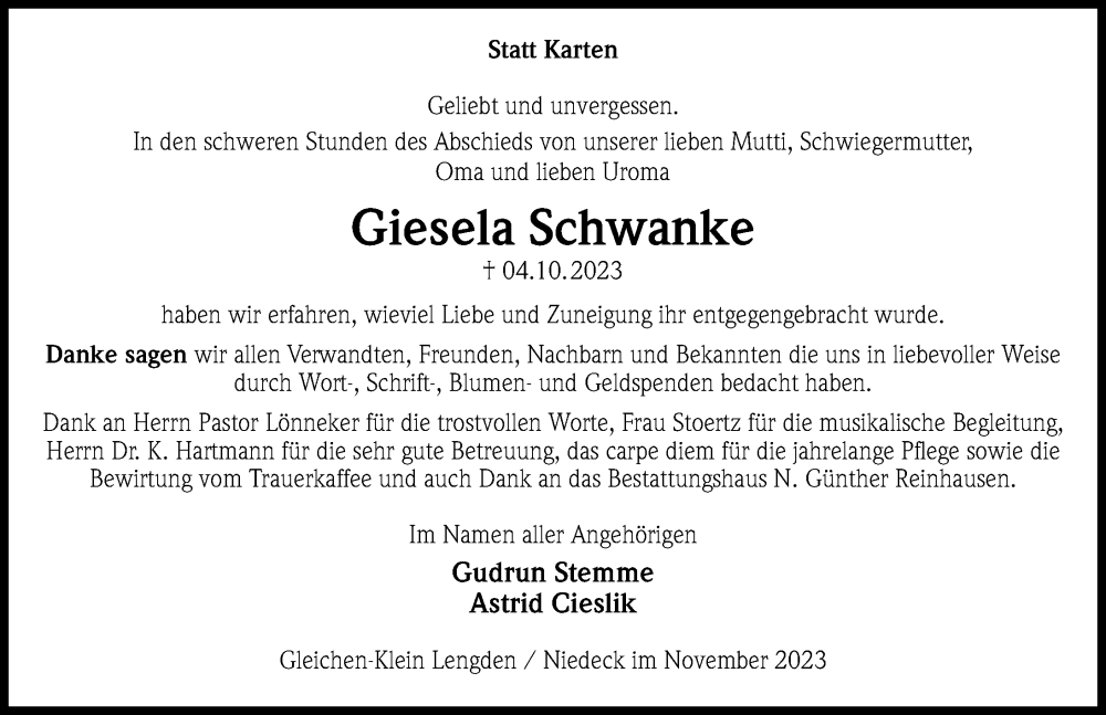 Traueranzeigen Von Giesela Schwanke Trauer Anzeigen De