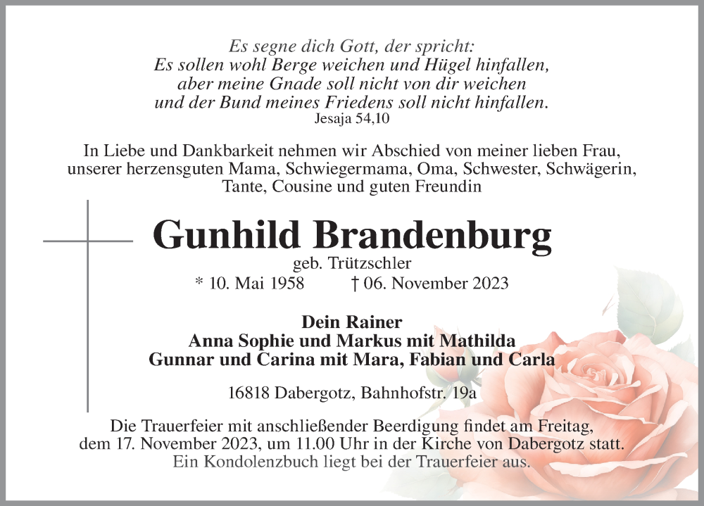 Traueranzeigen Von Gunhild Brandenburg Trauer Anzeigen De