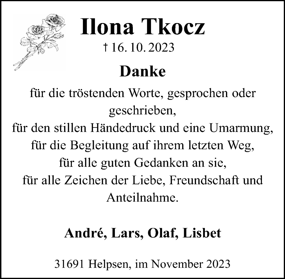 Traueranzeigen Von Ilona Tkocz Trauer Anzeigen De